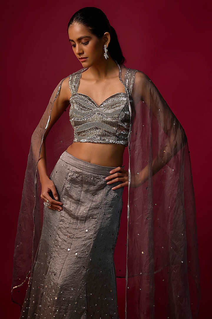 Steel Grey Shimmer Silk Organza Fish-Cut Wedding Lehenga Set by Mehak Murpana at Pernia's Pop Up Shop