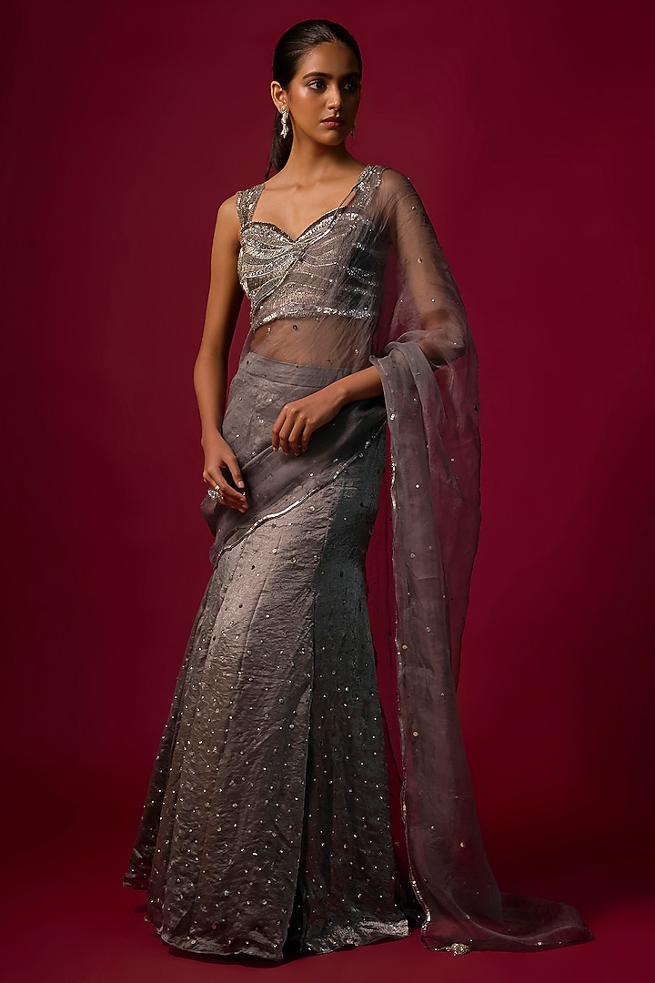 Steel Grey Shimmer Silk Organza Embroidered Skirt Wedding Saree Set by Mehak Murpana at Pernia's Pop Up Shop