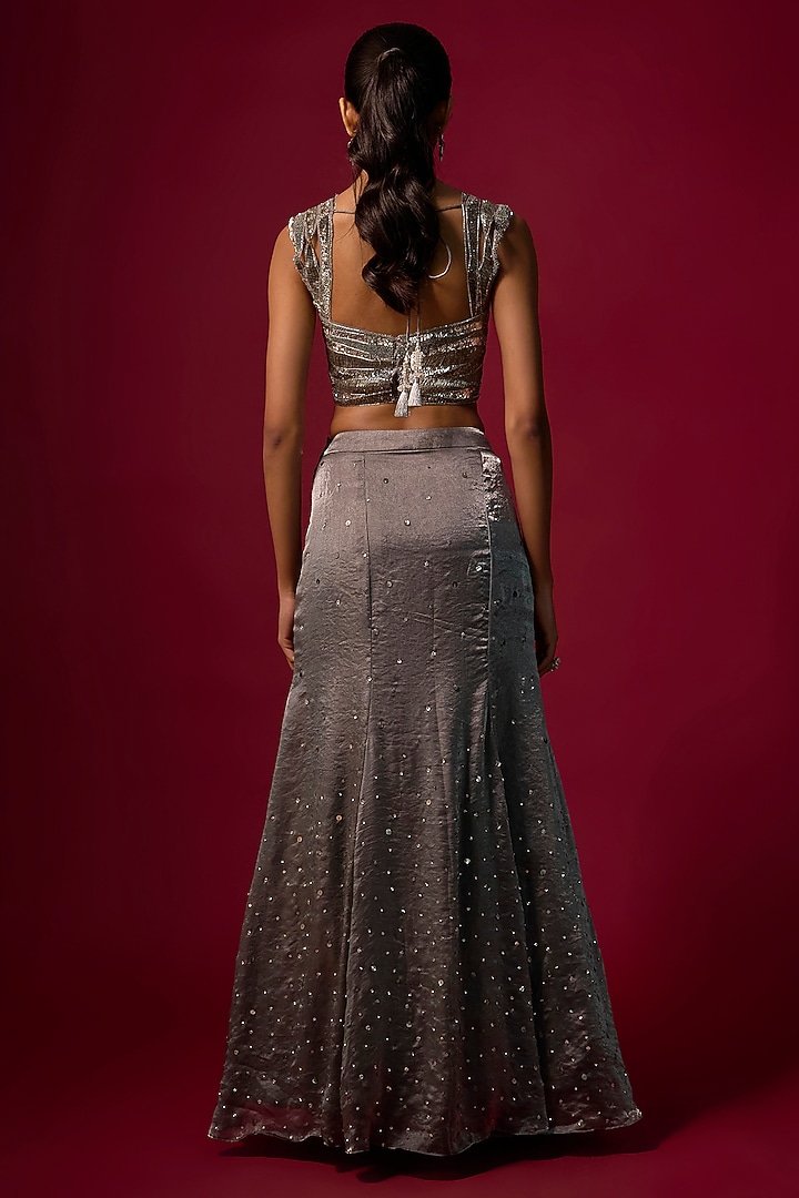 Steel Grey Shimmer Silk Organza Embroidered Skirt Wedding Saree Set by Mehak Murpana at Pernia's Pop Up Shop