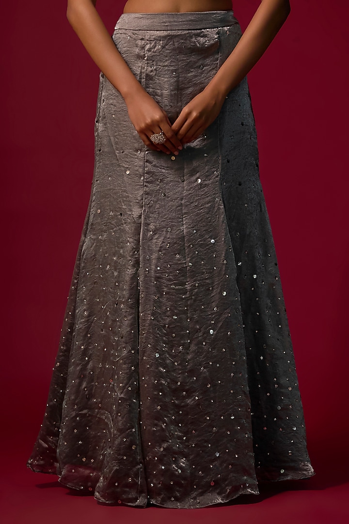 Steel Grey Shimmer Silk Organza Embroidered Skirt Wedding Saree Set by Mehak Murpana at Pernia's Pop Up Shop