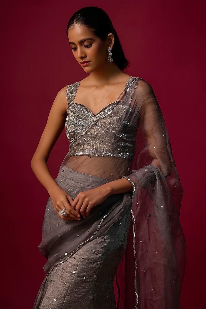 Steel Grey Shimmer Silk Organza Embroidered Skirt Wedding Saree Set by Mehak Murpana at Pernia's Pop Up Shop