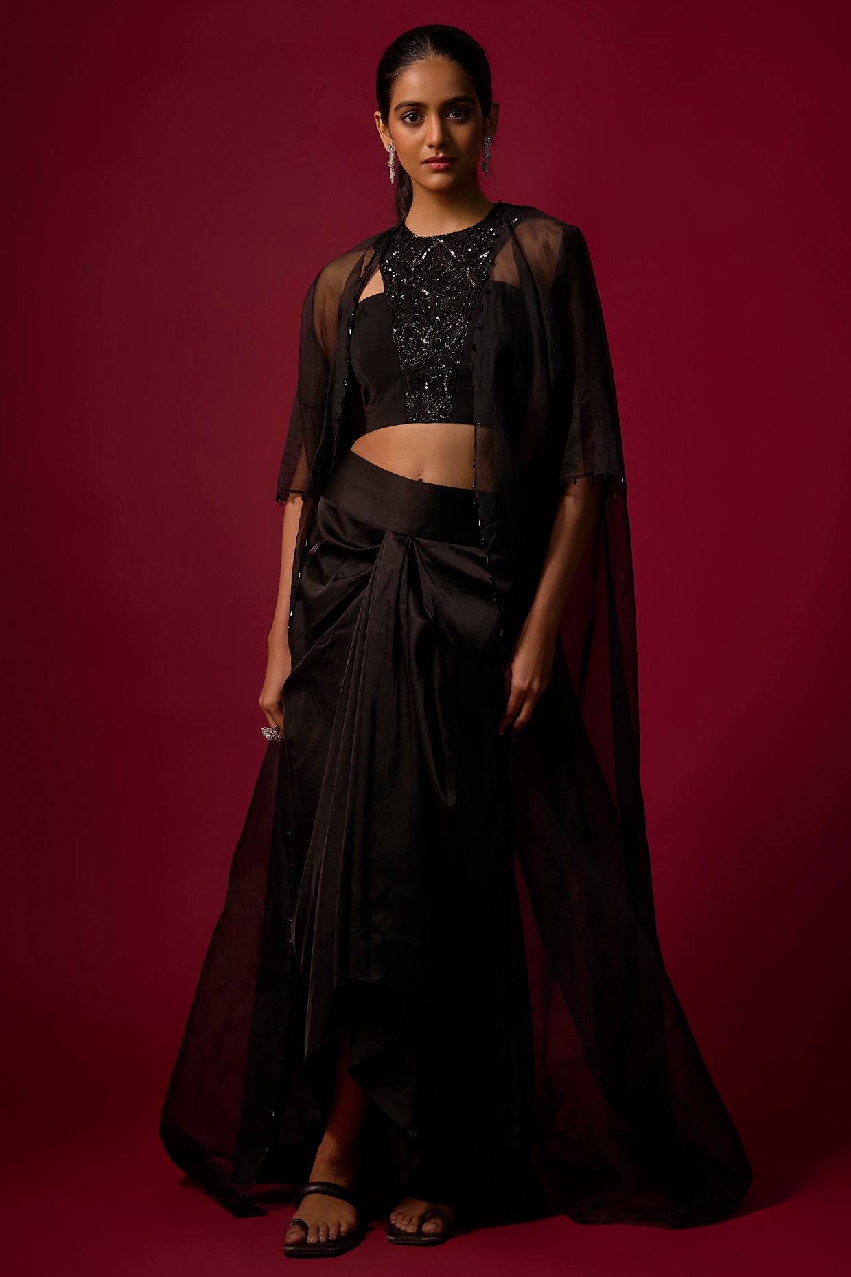 Mehak Murpana Black Organza Crystal Work Cape Set