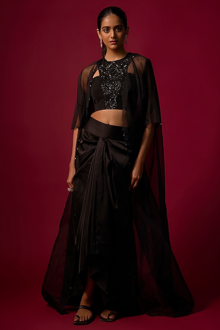 Black Organza Crystal Work Cape Set by Mehak Murpana at Pernia's Pop Up Shop