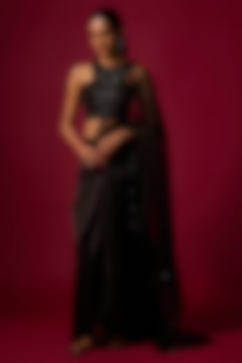 Black Satin Draped Skirt Wedding Saree Set by Mehak Murpana at Pernia's Pop Up Shop