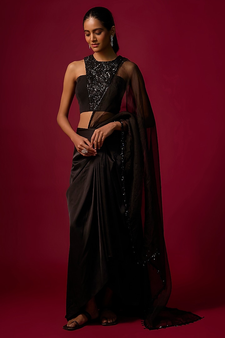 Black Satin Draped Skirt Wedding Saree Set by Mehak Murpana at Pernia's Pop Up Shop
