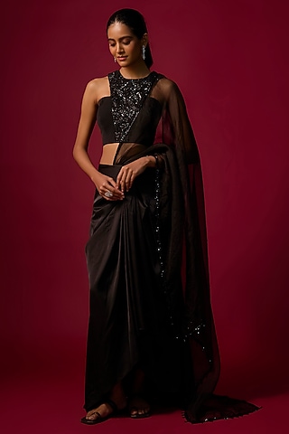 Black Satin Draped Skirt Saree Set by Mehak Murpana