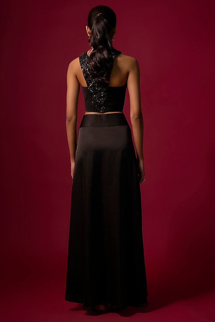 Black Satin Draped Skirt Wedding Saree Set by Mehak Murpana at Pernia's Pop Up Shop