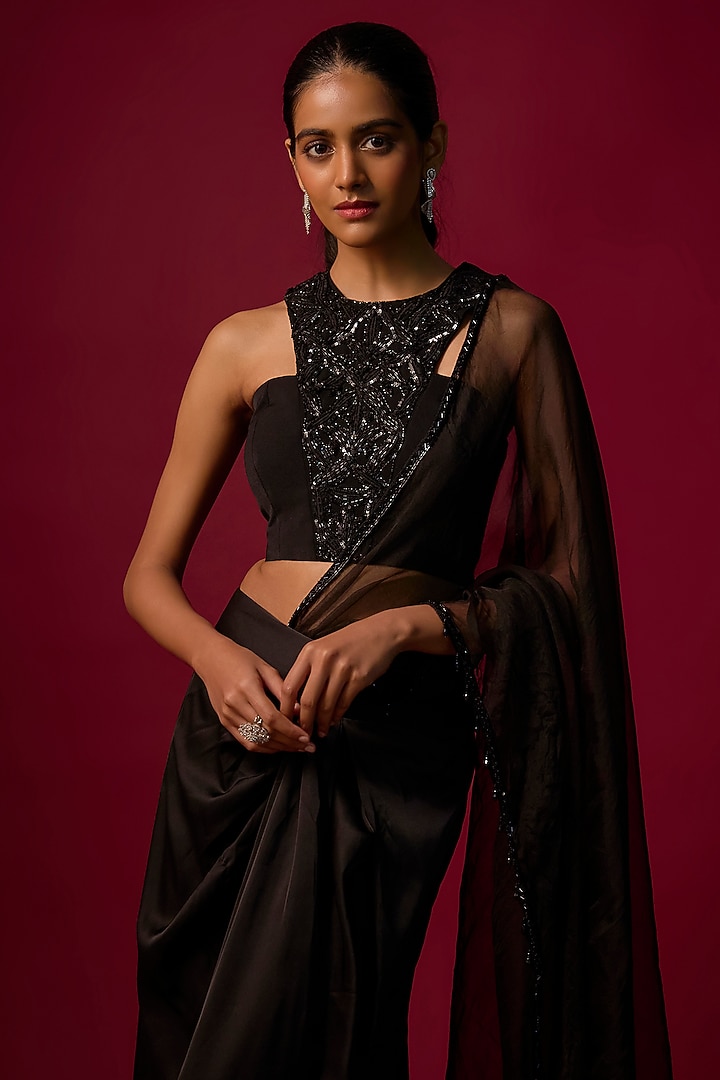 Black Satin Draped Skirt Wedding Saree Set by Mehak Murpana at Pernia's Pop Up Shop