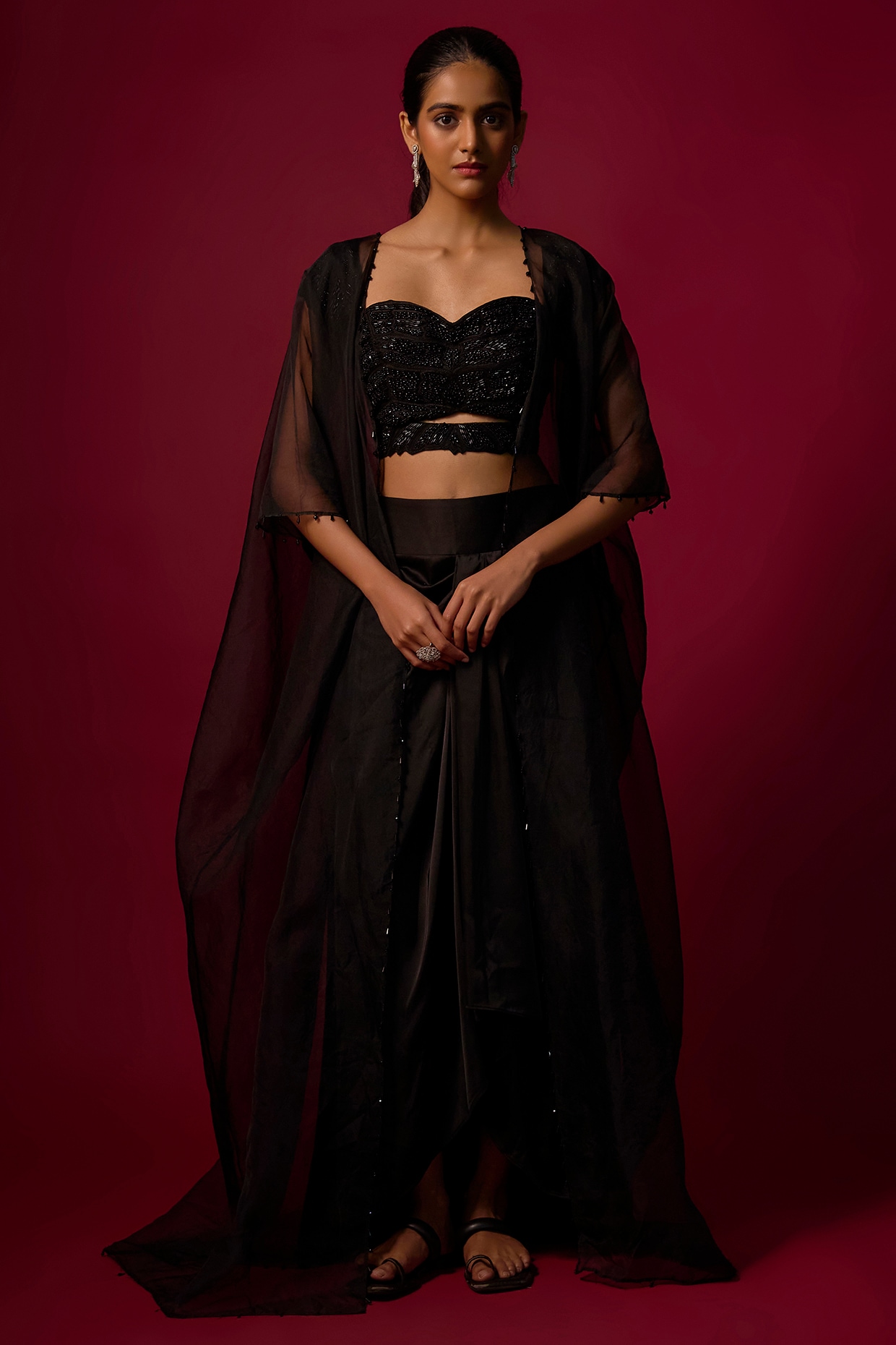 Mehak Murpana Black Organza Crystal Work Cape Set
