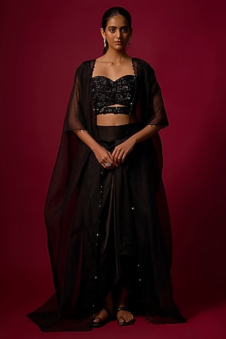 Black Organza Crystal Work Cape Set by Mehak Murpana