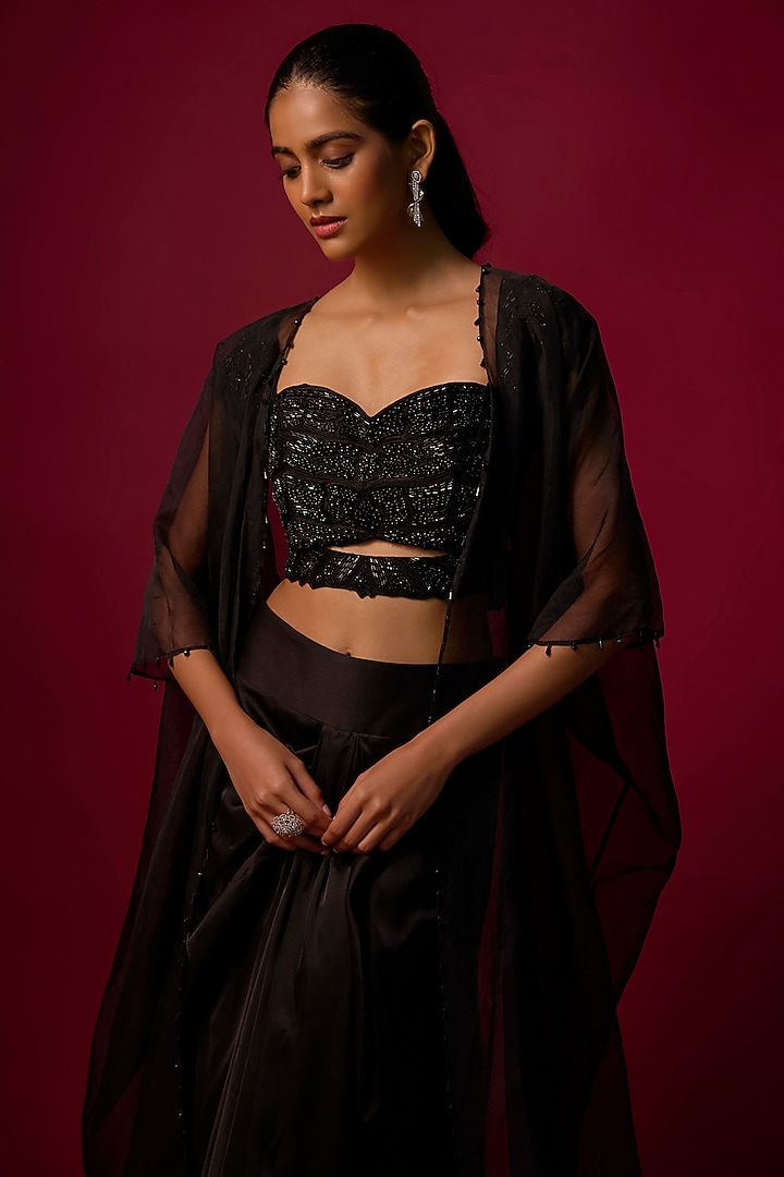 Black Organza Crystal Work Cape Set by Mehak Murpana at Pernia's Pop Up Shop
