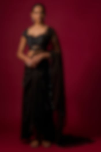 Black Satin Draped Skirt Wedding Saree Set by Mehak Murpana at Pernia's Pop Up Shop
