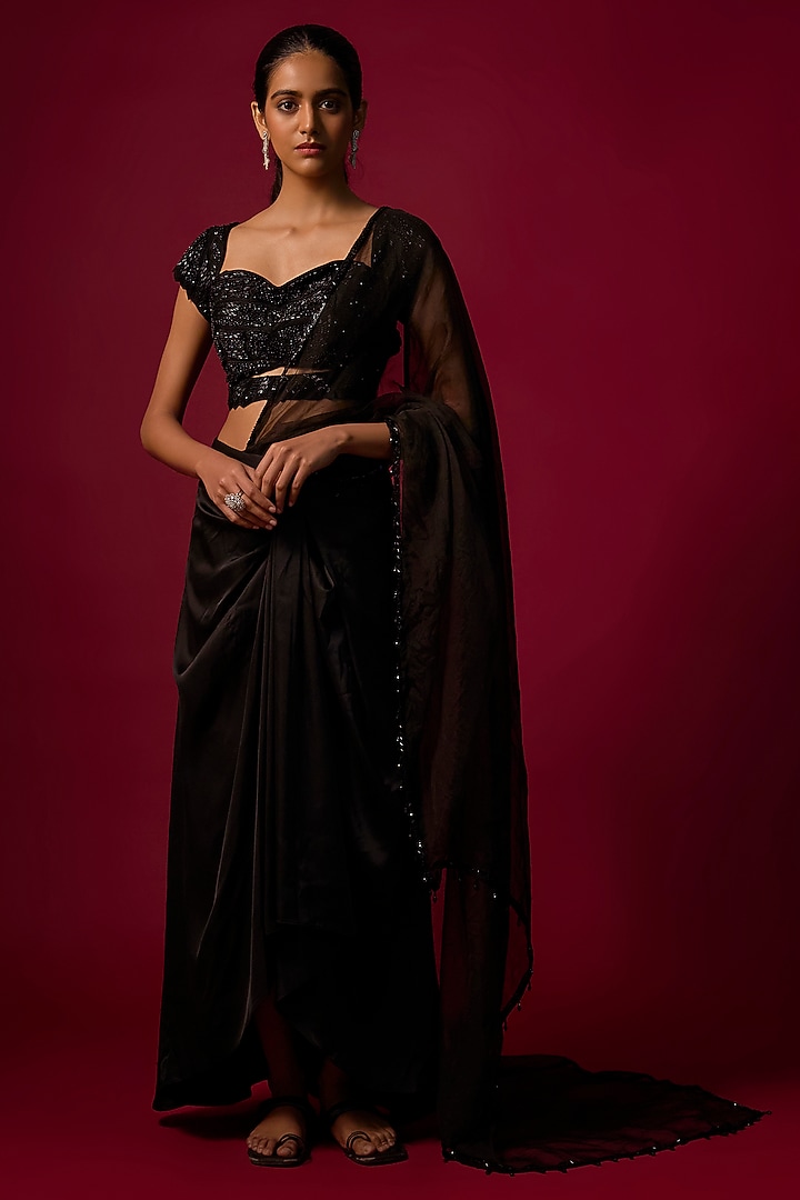 Black Satin Draped Skirt Wedding Saree Set by Mehak Murpana at Pernia's Pop Up Shop