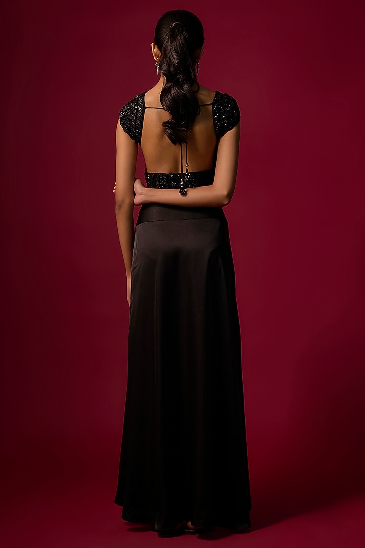 Black Satin Draped Skirt Wedding Saree Set by Mehak Murpana at Pernia's Pop Up Shop