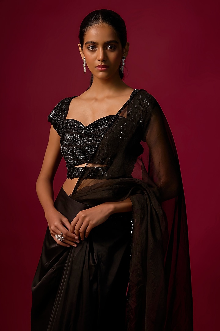 Black Satin Draped Skirt Wedding Saree Set by Mehak Murpana at Pernia's Pop Up Shop