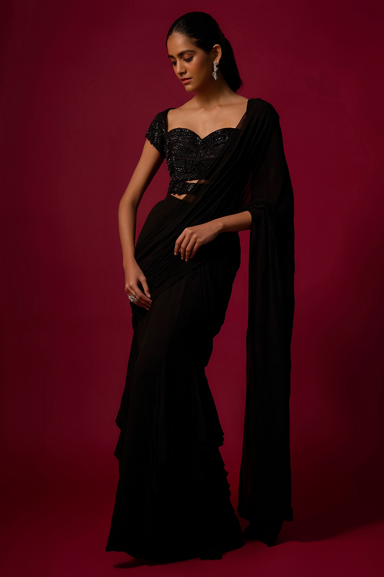 Mehak Murpana Black Georgette Ruffled Pre-Draped Saree Set