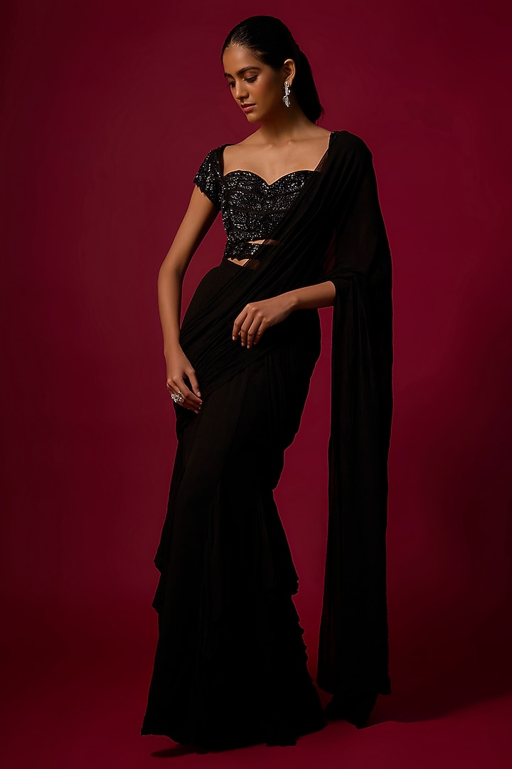 Black Georgette Ruffled Pre-Draped Wedding Saree Set by Mehak Murpana at Pernia's Pop Up Shop