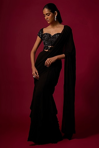 Black Georgette Ruffled Pre-Draped Saree Set by Mehak Murpana