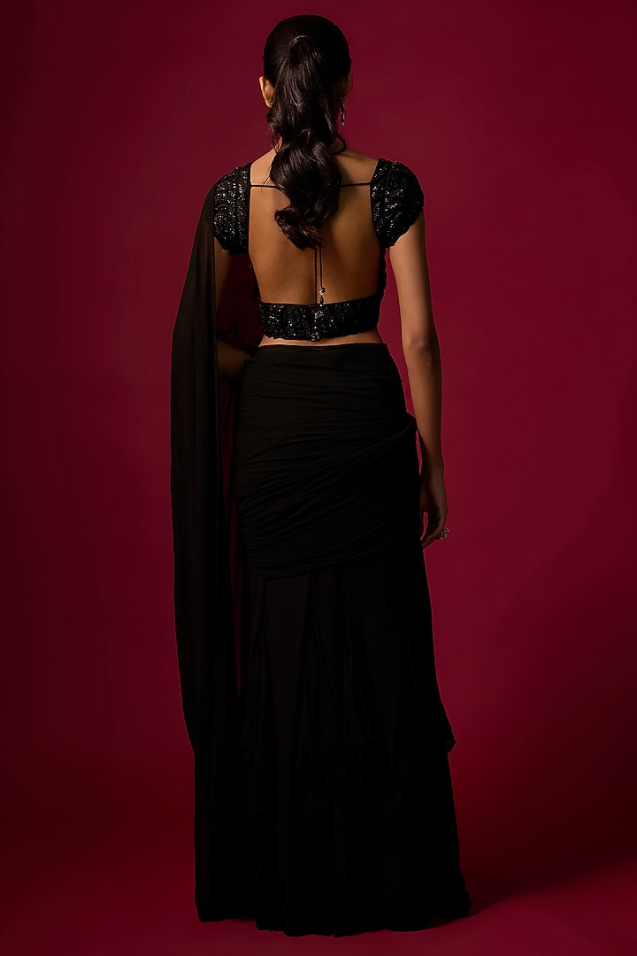 Black Georgette Ruffled Pre-Draped Wedding Saree Set by Mehak Murpana at Pernia's Pop Up Shop