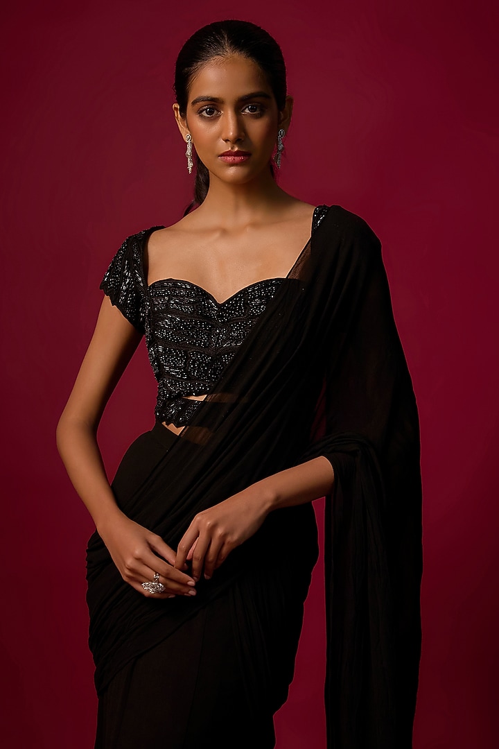 Black Georgette Ruffled Pre-Draped Wedding Saree Set by Mehak Murpana at Pernia's Pop Up Shop