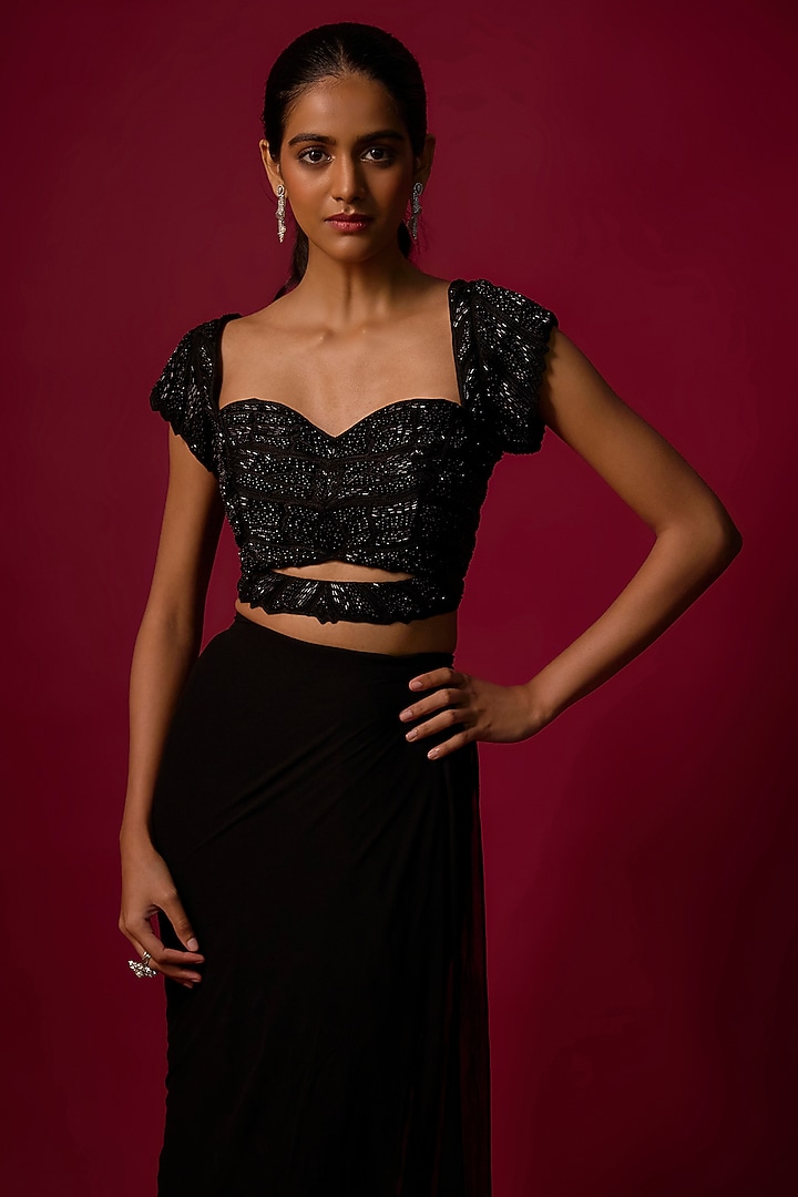 Black Georgette Ruffled Pre-Draped Wedding Saree Set by Mehak Murpana at Pernia's Pop Up Shop