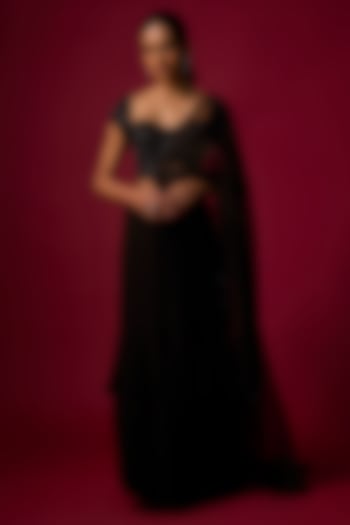 Black Georgette Ruffled Skirt Wedding Saree Set by Mehak Murpana at Pernia's Pop Up Shop