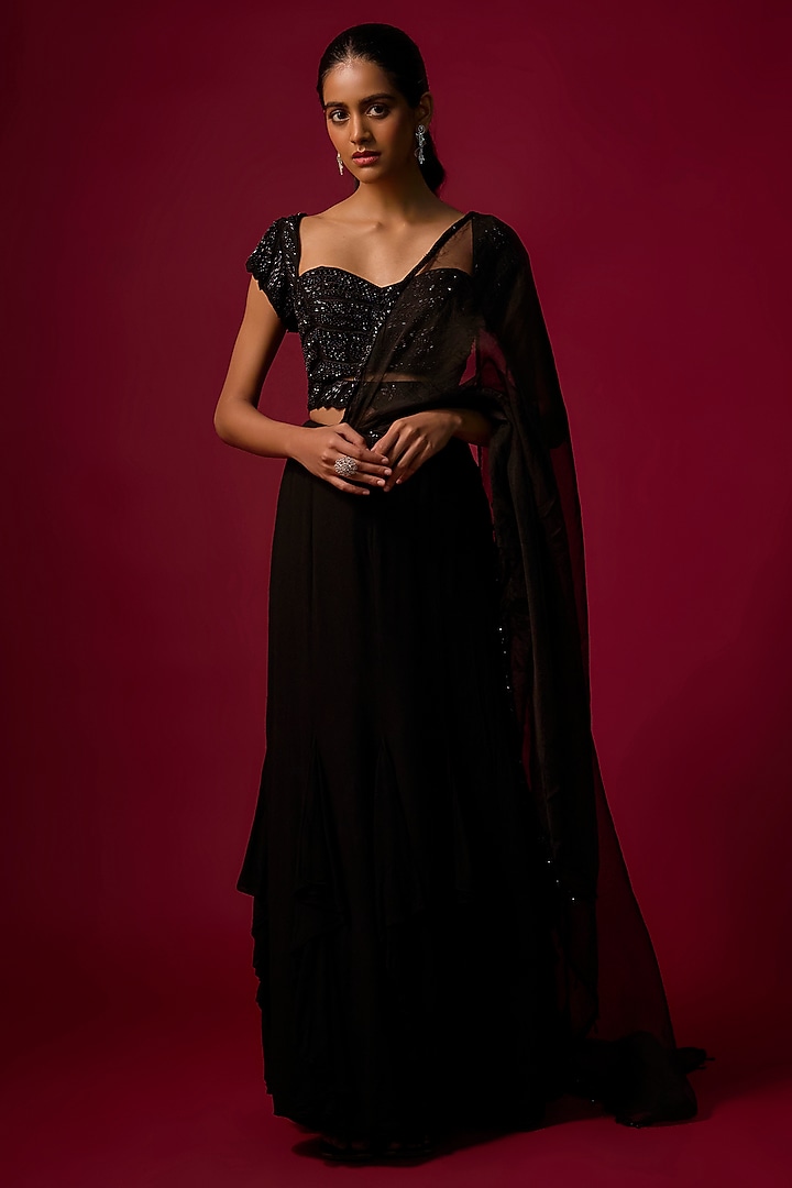Black Georgette Ruffled Skirt Wedding Saree Set by Mehak Murpana at Pernia's Pop Up Shop