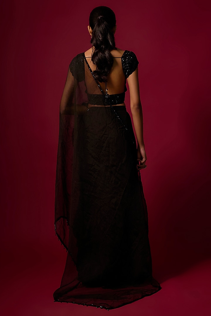 Black Georgette Ruffled Skirt Wedding Saree Set by Mehak Murpana at Pernia's Pop Up Shop