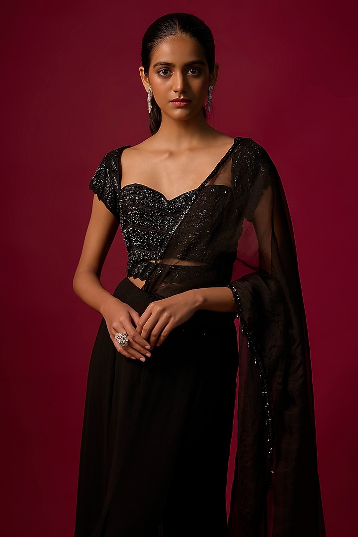 Black Georgette Ruffled Skirt Wedding Saree Set by Mehak Murpana at Pernia's Pop Up Shop