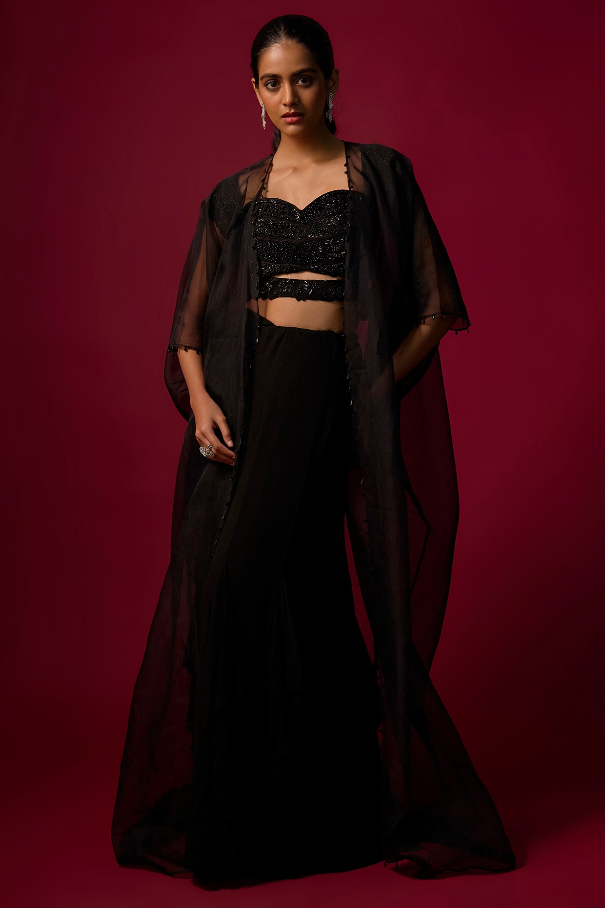 Mehak Murpana Black Organza Crystal Work Cape Set