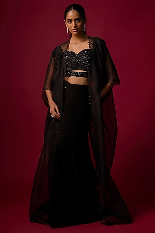 Black Organza Crystal Work Cape Set by Mehak Murpana