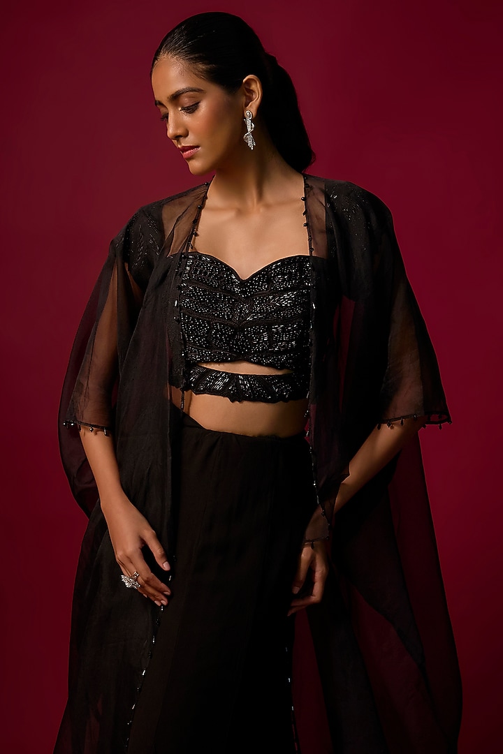 Black Organza Crystal Work Cape Set by Mehak Murpana at Pernia's Pop Up Shop