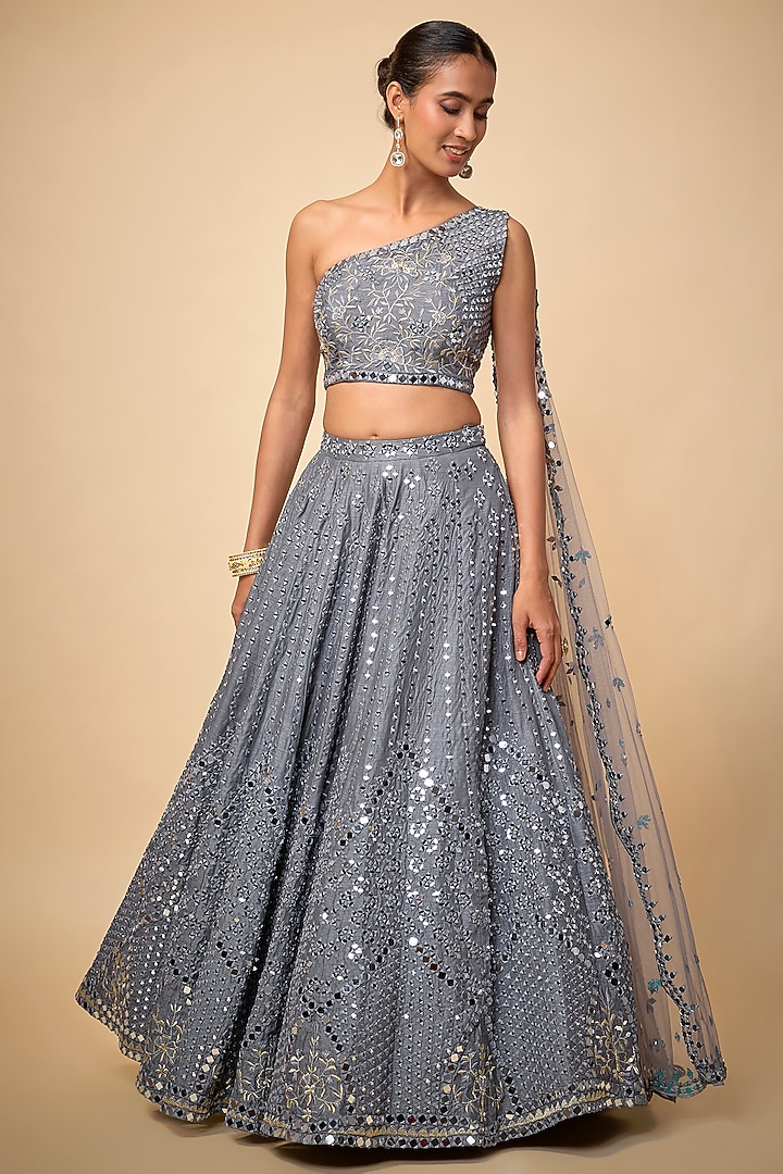 Grey Raw Silk Mirror Embroidered Wedding Lehenga Set by Mehak Murpana at Pernia's Pop Up Shop