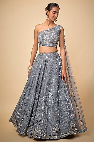 Grey Raw Silk Mirror Embroidered Lehenga Set by Mehak Murpana