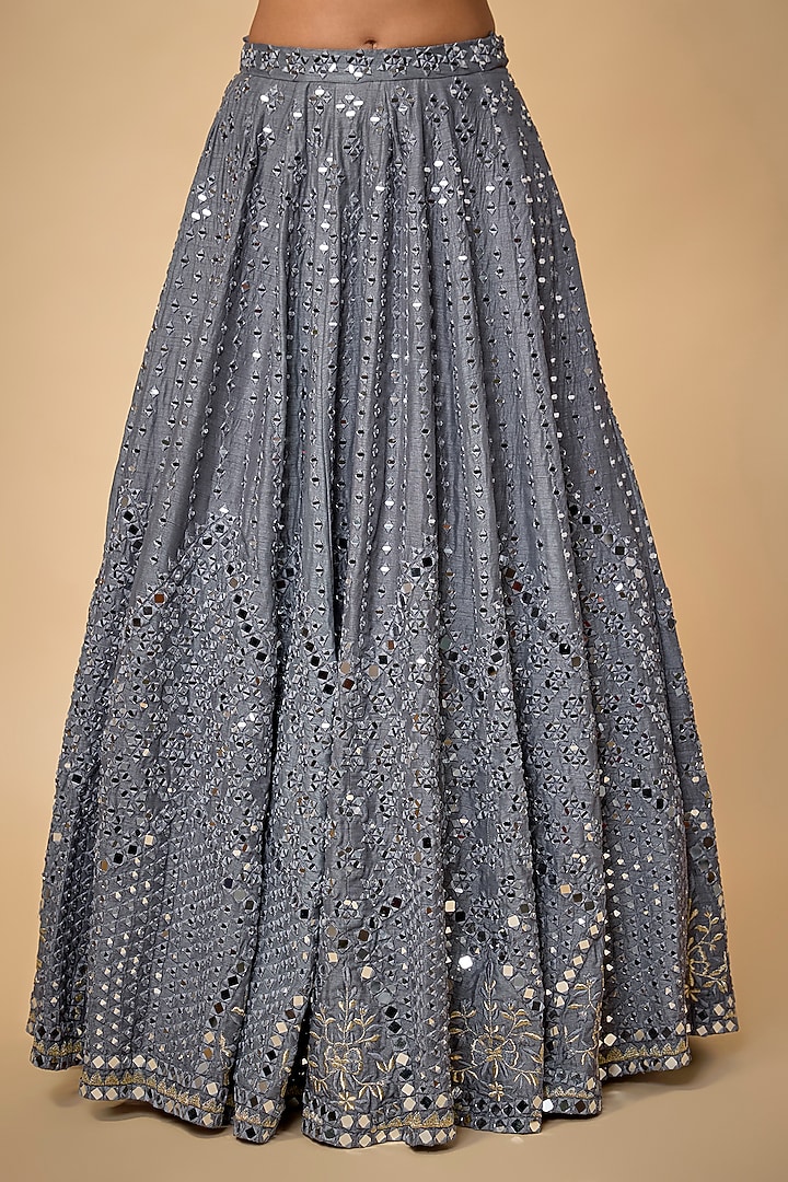Grey Raw Silk Mirror Embroidered Wedding Lehenga Set by Mehak Murpana at Pernia's Pop Up Shop