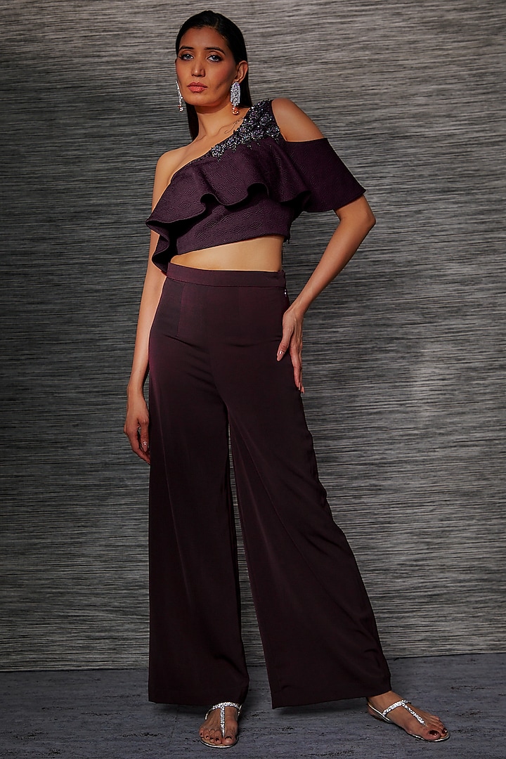Wine Texture Embroidered One-Shoulder Ruffled Crop Top by Mehak Murpana