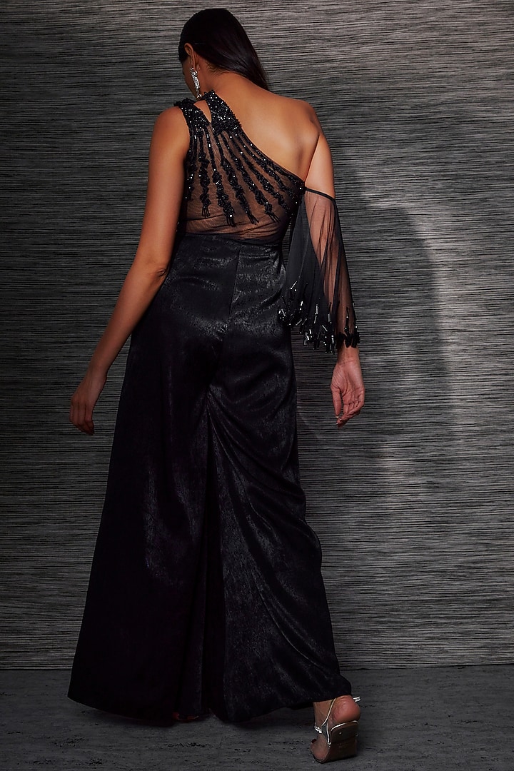 Black Suede Satin & Sheer Net Embroidered One-Shoulder Jumpsuit by Mehak Murpana at Pernia's Pop Up Shop