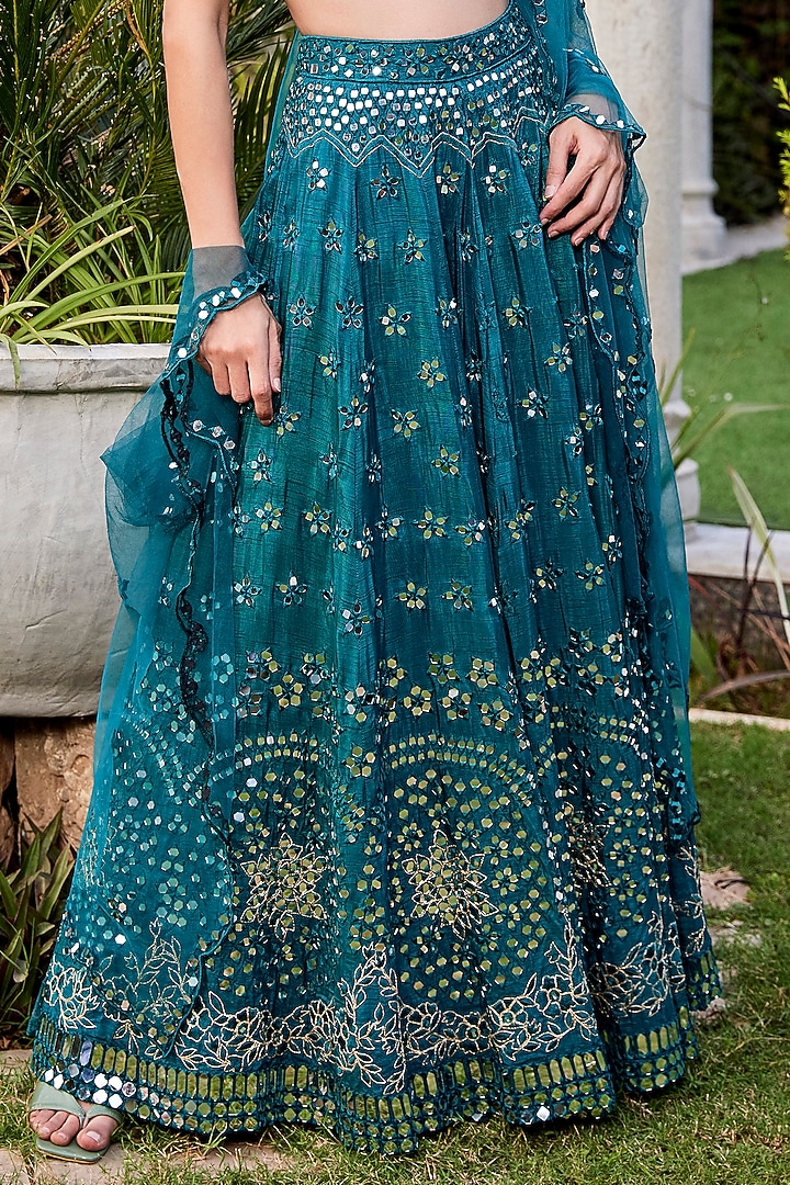 Teal Dupion Crepe Embroidered Wedding Lehenga Set by Mehak Murpana at Pernia's Pop Up Shop