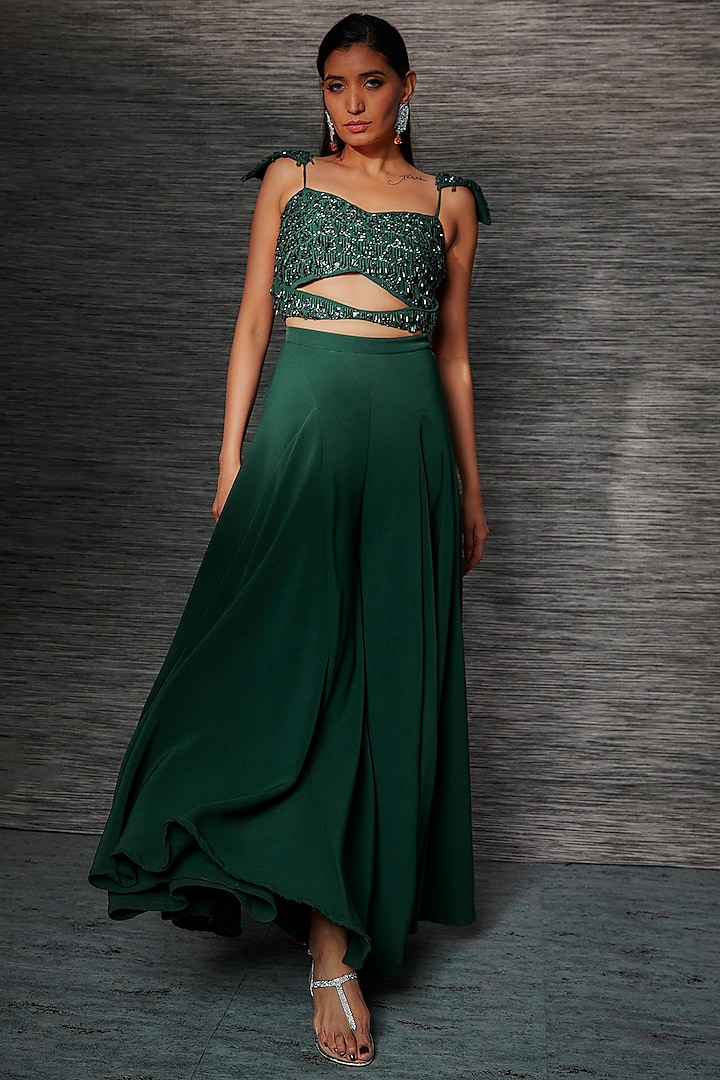 Forest Green Stretch Suiting Wedding Sharara Set by Mehak Murpana at Pernia's Pop Up Shop