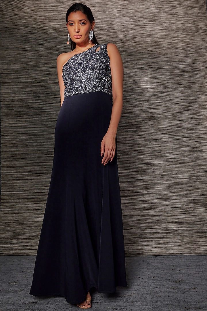 Navy Blue Stretch Suiting Embroidered One-Shoulder Gown by Mehak Murpana