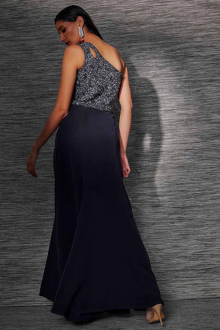 Navy Blue Stretch Suiting Embroidered One-Shoulder Engagement Gown by Mehak Murpana at Pernia's Pop Up Shop