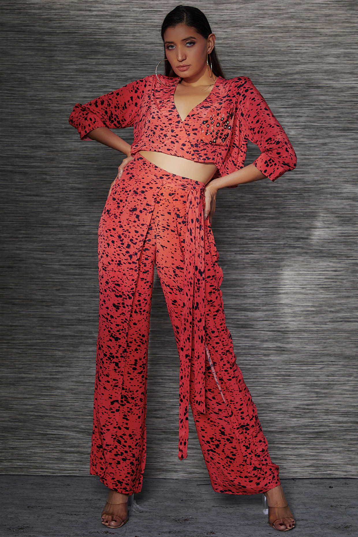 Orange Crepe Printed Flap Pant Set by Mehak Murpana