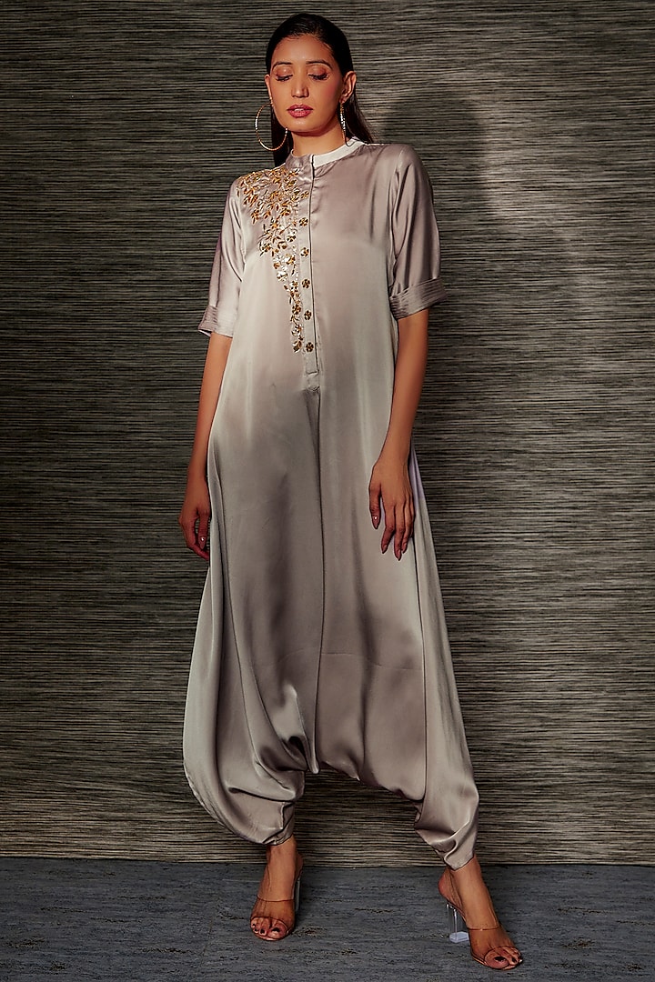 Grey Satin Embroidered Dhoti Jumpsuit by Mehak Murpana