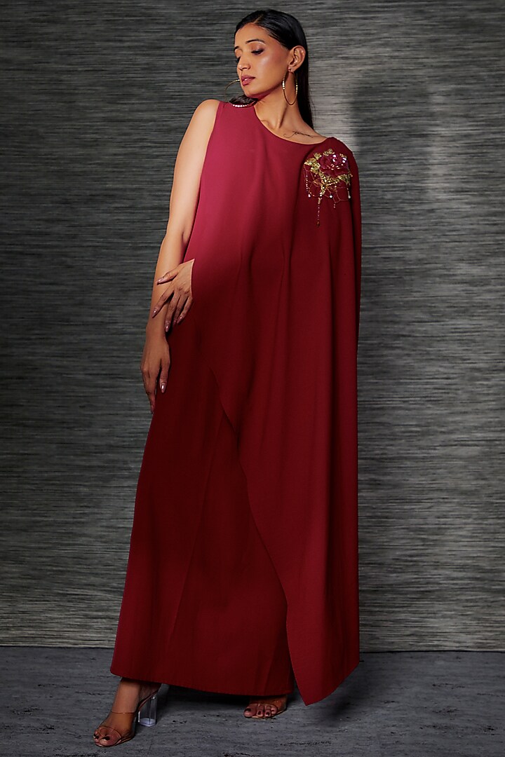 Deep Red Stretch Suiting Embroidered Cape Gown by Mehak Murpana