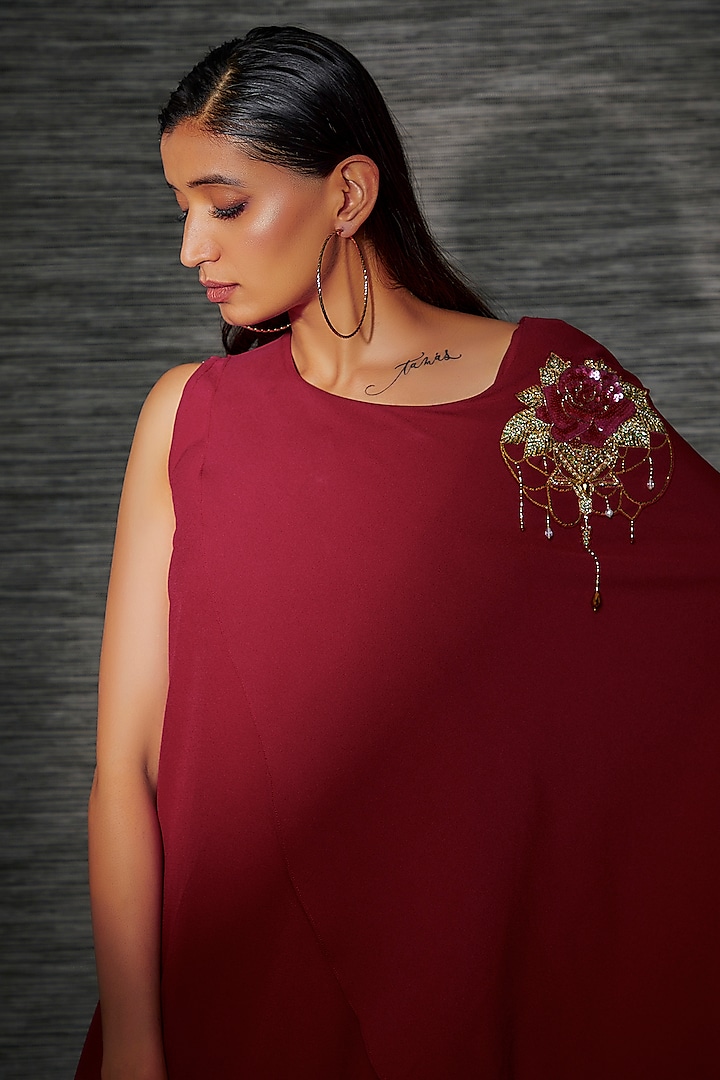 Deep Red Stretch Suiting Embroidered Cape Party Wear Gown by Mehak Murpana at Pernia's Pop Up Shop