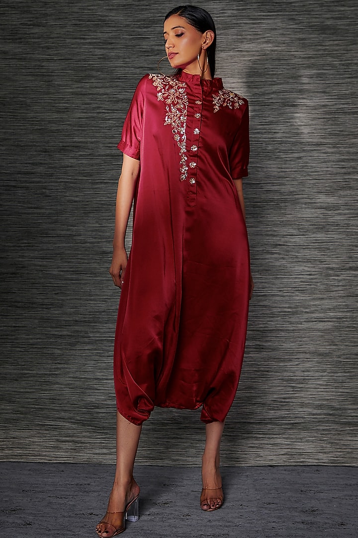 Red Satin Embroidered Dhoti Jumpsuit by Mehak Murpana