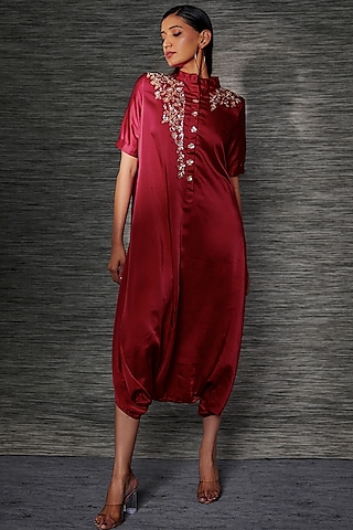 Red Satin Embroidered Dhoti Jumpsuit by Mehak Murpana