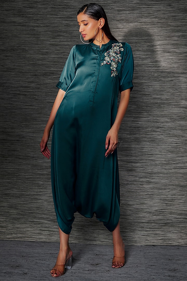 Teal Satin Embroidered Dhoti Jumpsuit by Mehak Murpana