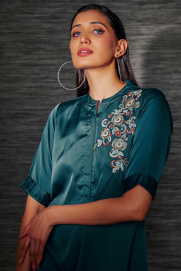 Teal Satin Embroidered Dhoti Jumpsuit by Mehak Murpana at Pernia's Pop Up Shop