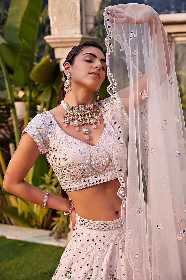 Baby Pink Dupion Crepe Embroidered Wedding Lehenga Set by Mehak Murpana at Pernia's Pop Up Shop